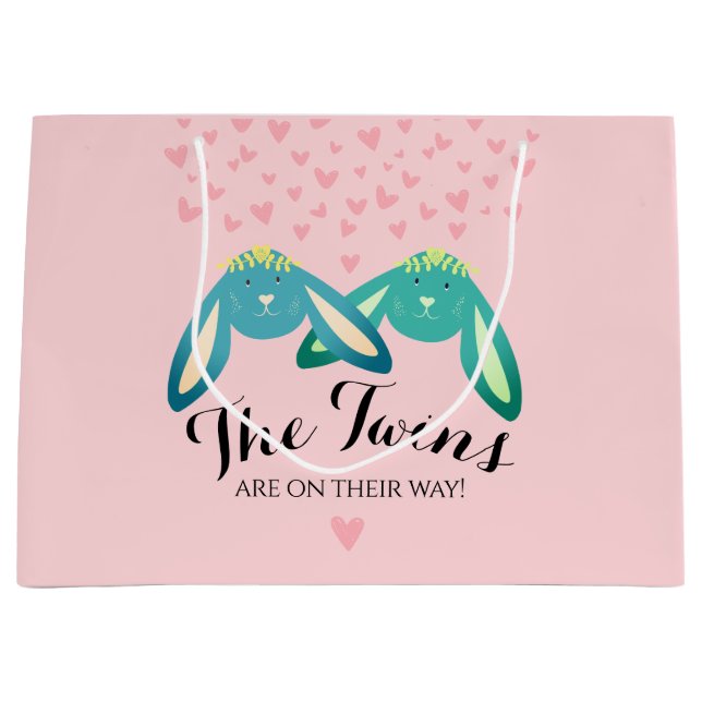 Sacola Para Presentes Grande Festa Rosa Pinosa, Chá de fraldas de Bunnies Gêmeo (Frente)