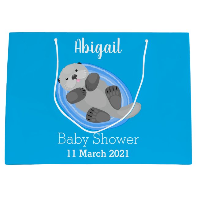 Sacola Para Presentes Grande Figura de desenho animado azul-lontra do mar feliz (Frente)