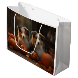 Sacola Para Presentes Grande Filhote de Rough Collie Autumn Delight Abóbora 