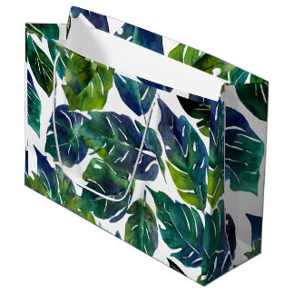Sacola Para Presentes Grande Filodendron Botânico de Folhagem Verde e Azul