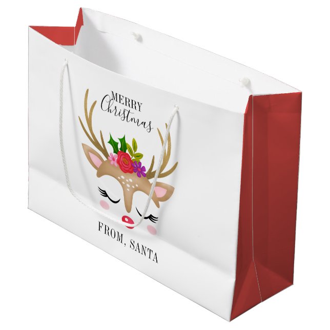 Sacola Para Presentes Grande Fim de Natal de Reindeer Cute Personalizado (Frente inclinada)