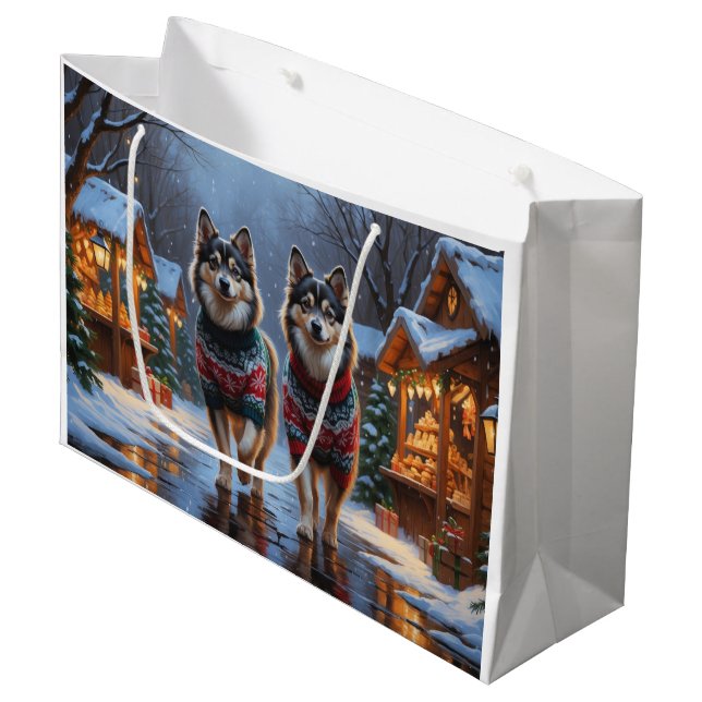 Sacola Para Presentes Grande Finnish Lapphund Dogs Christmas Snow Holiday (Frente inclinada)