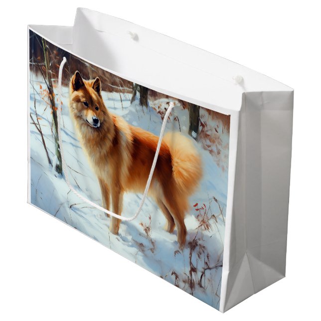 Sacola Para Presentes Grande Finnish Spitz Deixe Nevar Natal  (Frente inclinada)