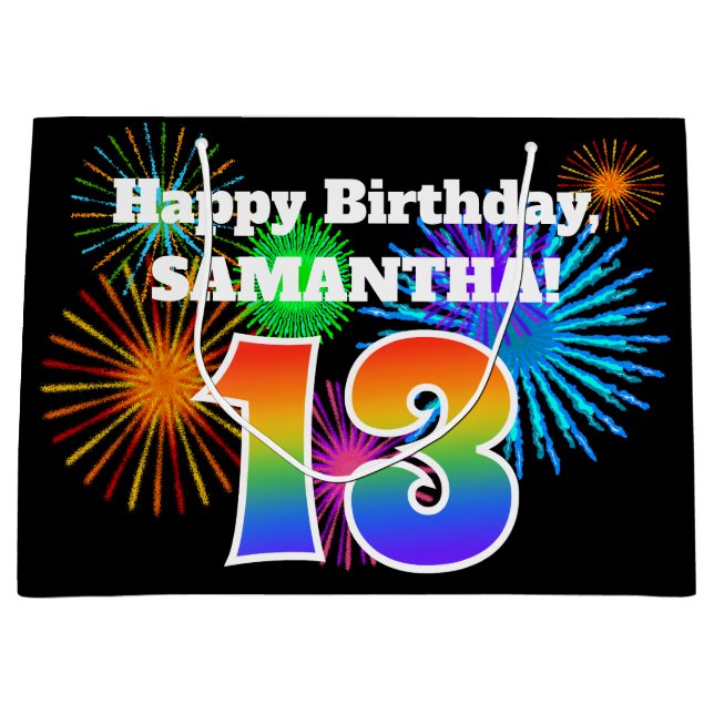 Sacola Para Presentes Grande Fireworks divertido + Rainbow Pattern "13" Anivers (Frente)