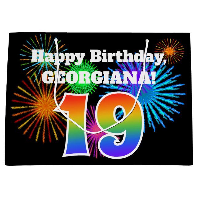 Sacola Para Presentes Grande Fireworks divertido + Rainbow Pattern "19" Anivers (Frente)