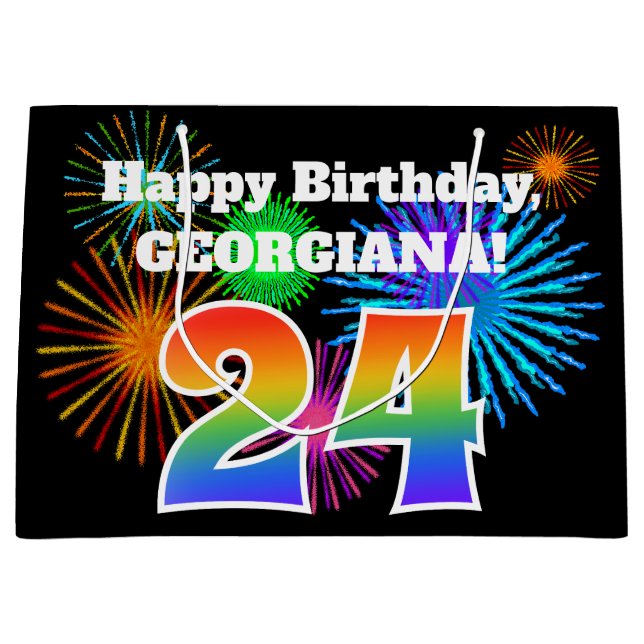 Sacola Para Presentes Grande Fireworks divertido + Rainbow Pattern "24" Anivers (Frente)