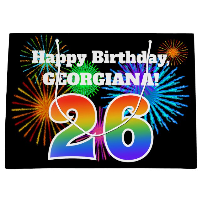 Sacola Para Presentes Grande Fireworks divertido + Rainbow Pattern "26" Anivers (Frente)