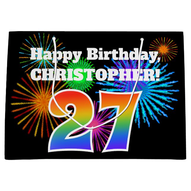 Sacola Para Presentes Grande Fireworks divertido + Rainbow Pattern "27" Anivers (Frente)