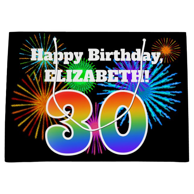 Sacola Para Presentes Grande Fireworks divertido + Rainbow Pattern "30" Anivers (Frente)