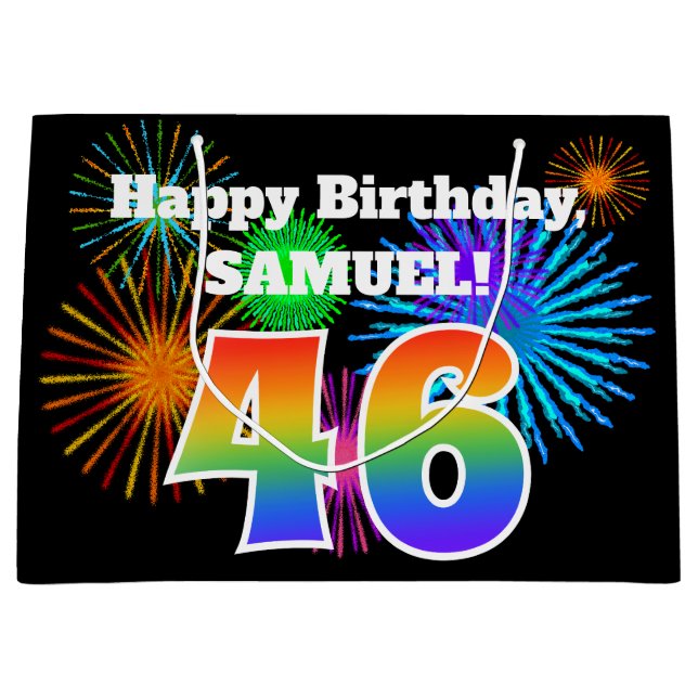 Sacola Para Presentes Grande Fireworks divertido + Rainbow Pattern "46" Anivers (Frente)
