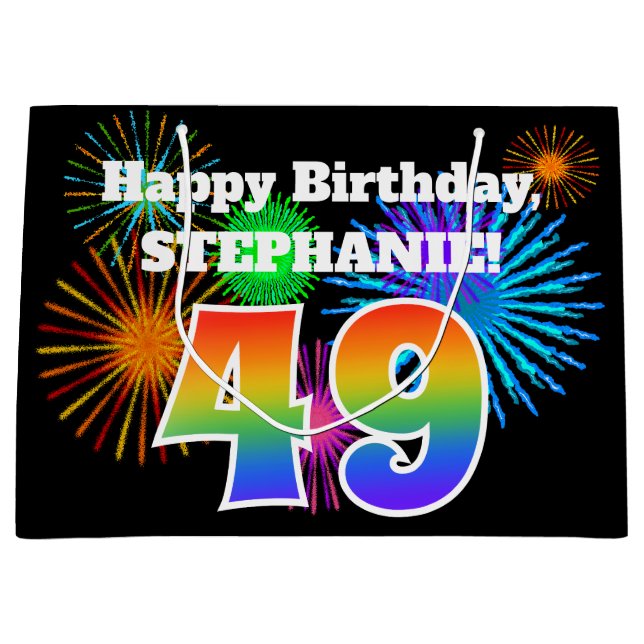 Sacola Para Presentes Grande Fireworks divertido + Rainbow Pattern "49" Anivers (Frente)