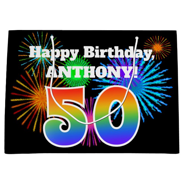 Sacola Para Presentes Grande Fireworks divertido + Rainbow Pattern "50" Anivers (Frente)