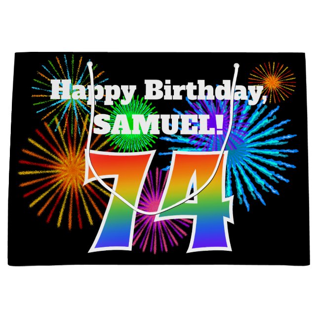 Sacola Para Presentes Grande Fireworks divertido + Rainbow Pattern "74" Anivers (Frente)