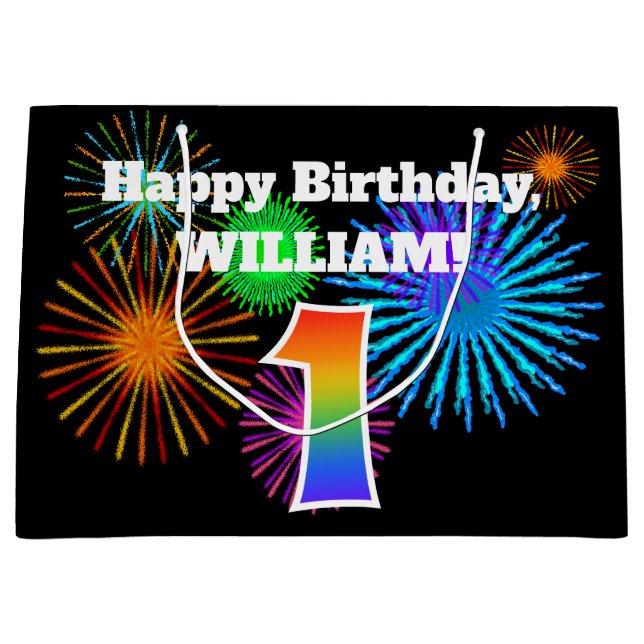 Sacola Para Presentes Grande Fireworks divertido + Rainbow Patterno "1" Anivers (Frente)