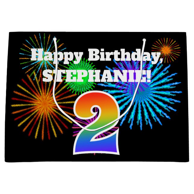 Sacola Para Presentes Grande Fireworks divertido + Rainbow Patterno "2" Anivers (Frente)