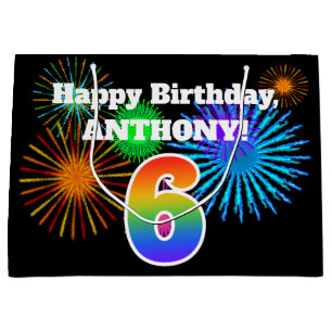 Sacola Para Presentes Grande Fireworks divertido + Rainbow Patterno "6" Anivers
