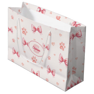 Sacola Para Presentes Grande Fita Rosa, Coração e Padrão de Impressão de Pata -