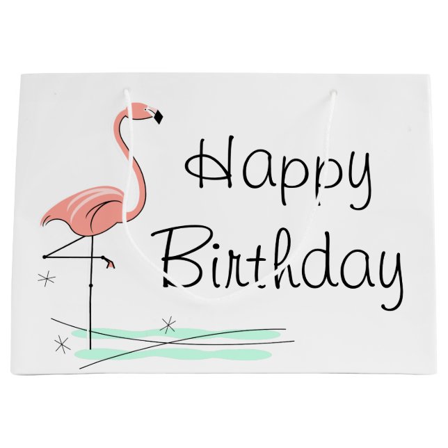 Sacola Para Presentes Grande Flamingo Ocean Side Happy Birday (Frente)