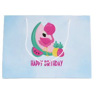 Sacola Para Presentes Grande Flamingo rosa com melancia e abacaxi