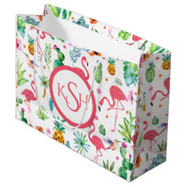 Sacola Para Presentes Grande Flamingos e plantas tropicais e flores
