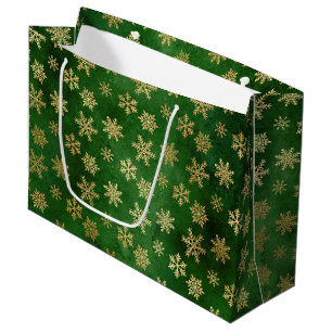 Sacola Para Presentes Grande Flocos de Neve de Inverno em Verde e Dourado Festi