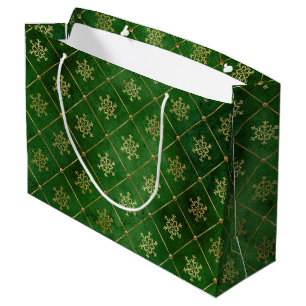 Sacola Para Presentes Grande Flocos de Neve de Inverno em Verde e Dourado Festi