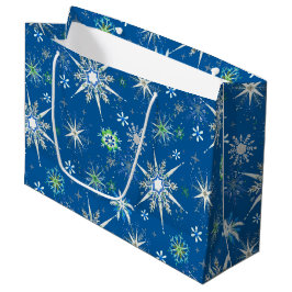 Sacola Para Presentes Grande Flocos de Neve de Meados do Século em Azul