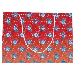 Sacola Para Presentes Grande Flocos de neve de Natal abstrato vermelho e azul