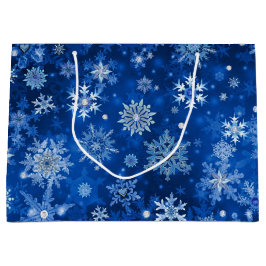 Sacola Para Presentes Grande Flocos de neve de Natal Azul e Prata Grande Saco