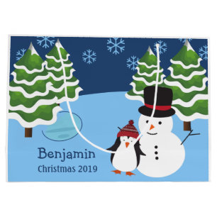 Sacola Para Presentes Grande Flocos de neve de Natal com Pinguim e Nome
