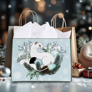 Sacola Para Presentes Grande Flocos de Neve de Natal em Azul e Arminho Branco