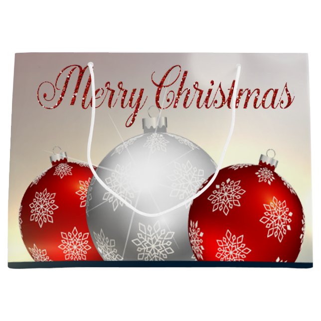 Sacola Para Presentes Grande Flocos de neve de Natal Vermelho Branco (Frente)