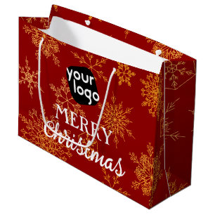 Sacola Para Presentes Grande Flocos de Neve Dourados Vermelho Feliz Natal Logot