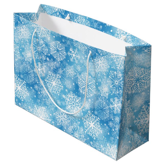 Sacola Para Presentes Grande Flocos de neve em azul (Verso inclinado)