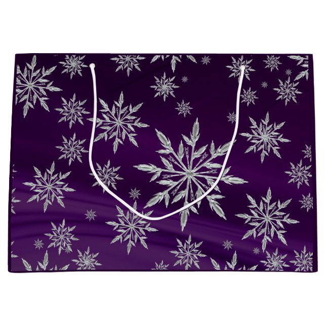 Sacola Para Presentes Grande Flocos de neve prateados espumosos em púrpura (Frente)