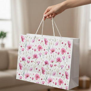 Sacola Para Presentes Grande Flor de Campo com Aquarela Rosa