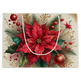 Sacola Para Presentes Grande Flor de Poinsettia Vermelha de Natal Elegante - Sa