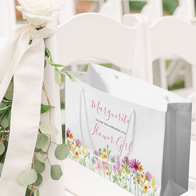 Sacola Para Presentes Grande Flor Garota Seldflower Meadow Obrigado (Flower Girl Wedding Gift Bag with pretty wildflowers from my Wildflower Meadow collection)