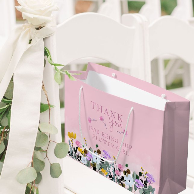 Sacola Para Presentes Grande Flor Garota Selvagem Rosa Agradeço Grande (Flower Girl Wedding Gift Bag with pretty wildflowers from my Wildflower Lawn collection)
