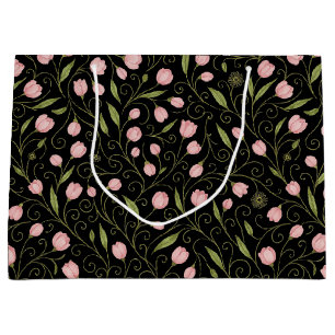 Sacola Para Presentes Grande Flor rosa e branca a preto com padrão repetitivo