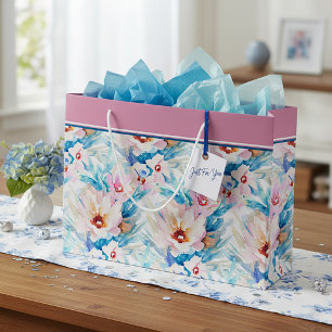 Sacola Para Presentes Grande Floral aquarela rosa e azul