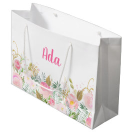 Sacola Para Presentes Grande Floral Aquarela Rosa e Dourado