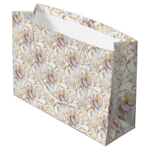 Sacola Para Presentes Grande Floral branca chic aniversário de casamento dourad