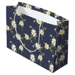 Sacola Para Presentes Grande Floral Branco Azul marinho