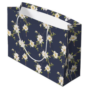 Sacola Para Presentes Grande Floral Branco Azul marinho
