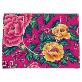 Sacola Para Presentes Grande Floral de Chinoiserie cor-de-rosa-claro e amarelo