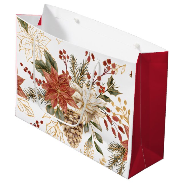 Sacola Para Presentes Grande Floral de Natal Dourado Vermelho (Frente inclinada)