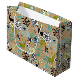 Sacola Para Presentes Grande Floral Verde Azul-Teal E Padrão De Arte De Veado