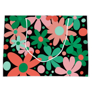 Sacola Para Presentes Grande Flores abstrato, cor-de-rosa e verde
