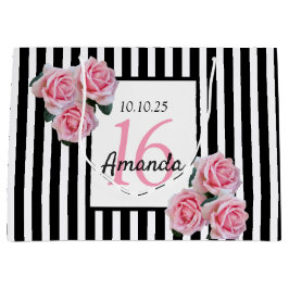 Sacola Para Presentes Grande Flores brancas, 16 cor-de-rosa, listras brancas pr